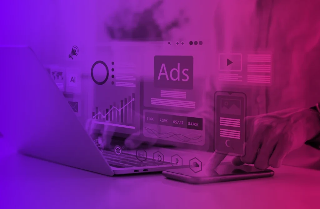 A person interacts with a laptop displaying digital marketing analytics and ad metrics, surrounded by a purple gradient overlay.