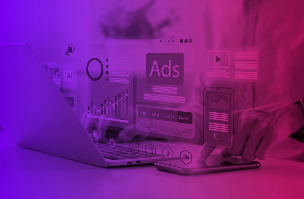 A person interacts with a laptop displaying digital marketing analytics and ad metrics, surrounded by a purple gradient overlay.